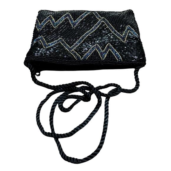 Vintage 1980’s black & blue beaded evening bag flapper prom purse mod geometric - Picture 9 of 12